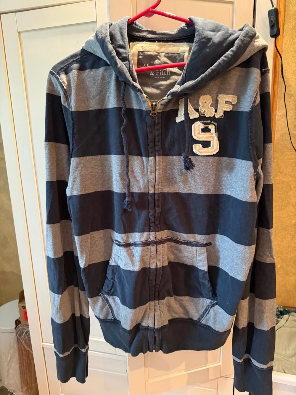 Abercrombie & Fitch Navy and Gray Striped Hooded Zip-Up Jacket